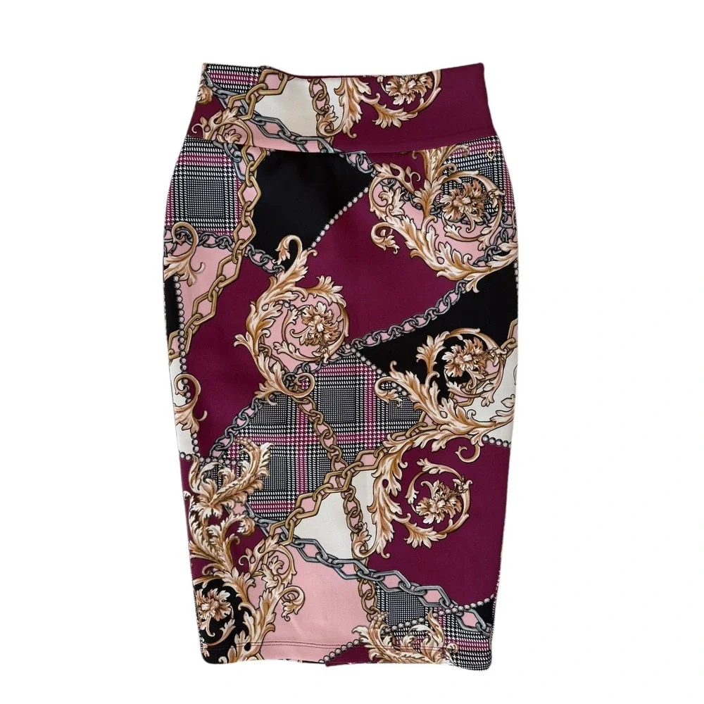 Thalia Sodi Womens Baroque Chain Print Pencil Skirt Burgundy Pink XS - Picture 2 of 7